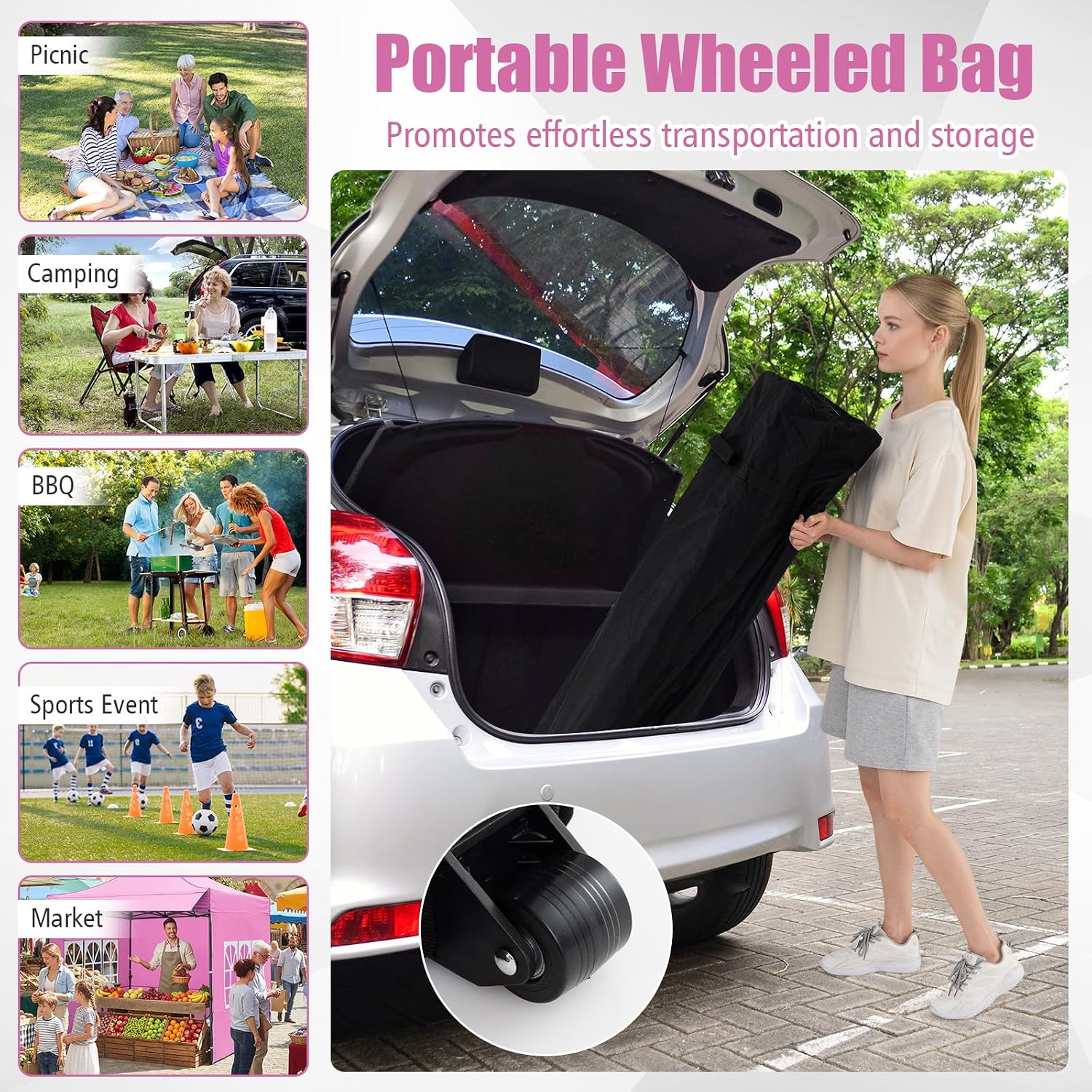 Tangkula 10x10 FT Pop Up Canopy, Outdoor Tent with 3 Sidewalls & Awning, Wheeled Bag, 4 Sandbags, 8 Stake, 4 Ropes, Portable Canopy Tent for Party Picnic Event Beach Camping (Pink)
