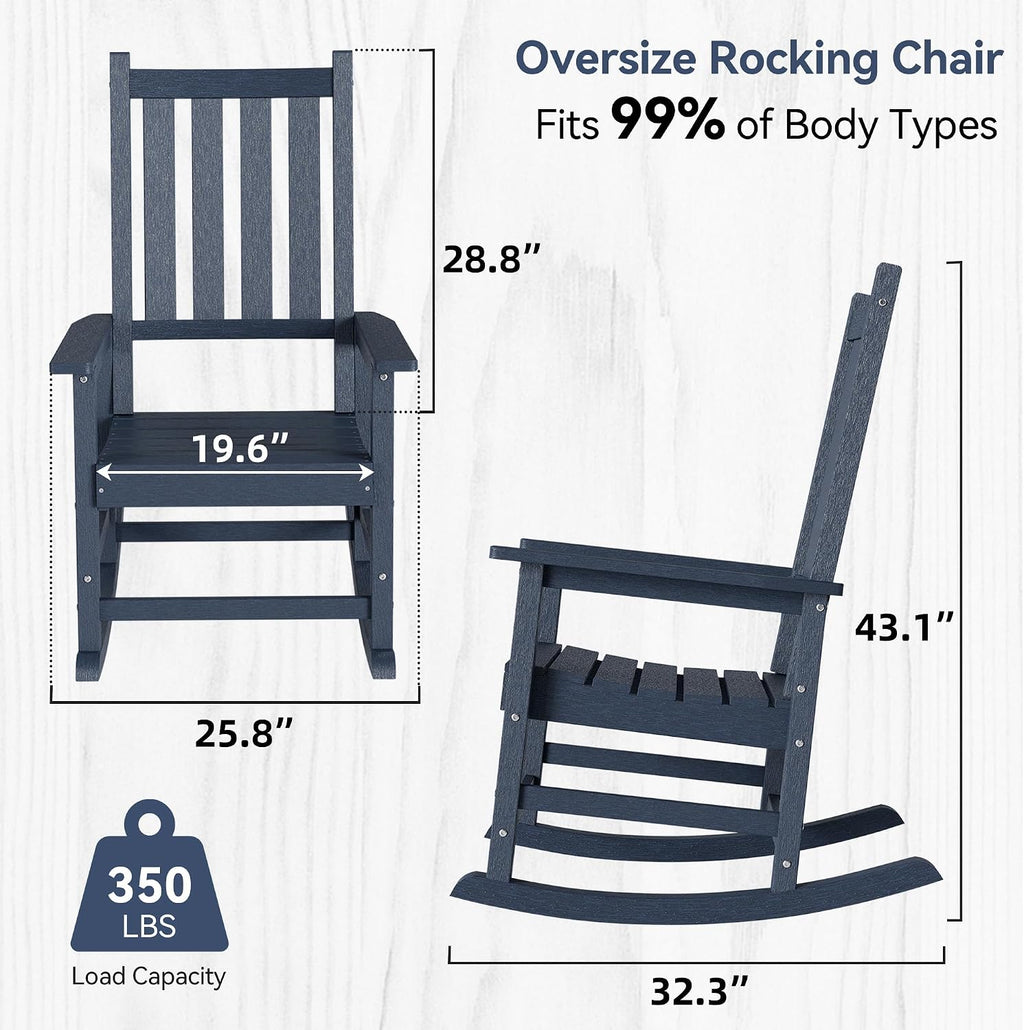 Rocking Chair Outdoor, Oversize PE Patio Rocker Chairs, Weather Resistant 350lbs Heavy Duty Rocking Chair with High Back for Backyard, Porch, Fire Pit, Garden and Indoor (2, Blue)
