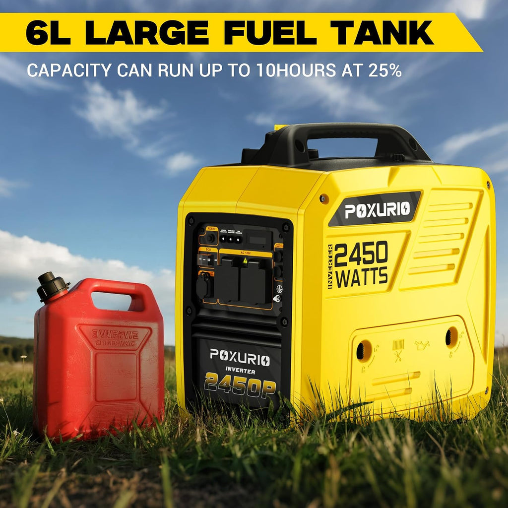2450-Watt Portable Inverter Generator for Home Use, 1.6Gallon Large Fuel Tank Up to 8.3 Hours Use, 120V Gas Powered Generator Super Quiet - EPA Compliant，Yellow