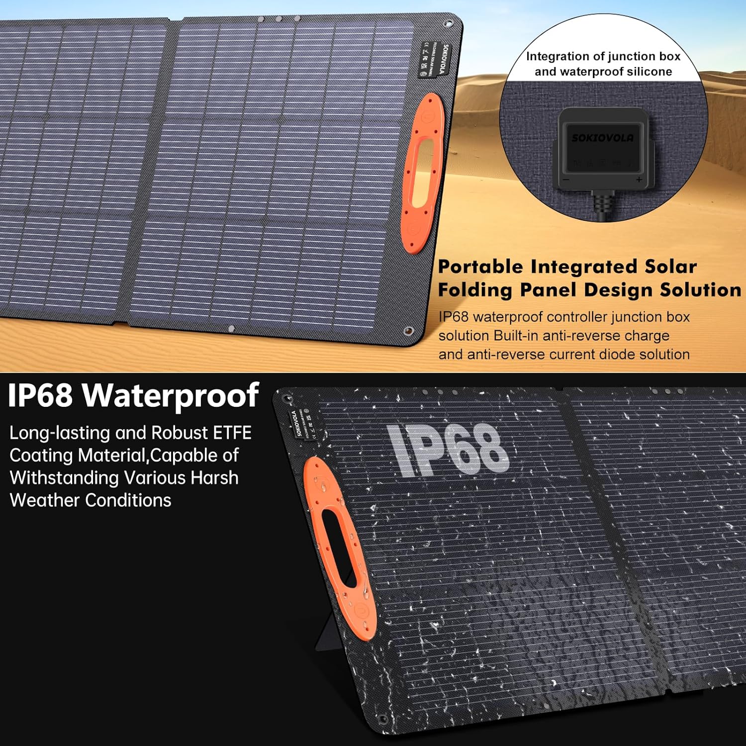 SOKIOVOLA N-Type 16BB 220W Portable Solar Panel for EF/Jackery/Bluetti/Anker Power Station, IP68 Waterproof Foldable Solar Panel ETFE 25% High Efficiency for Outdoor Camping RV Trip
