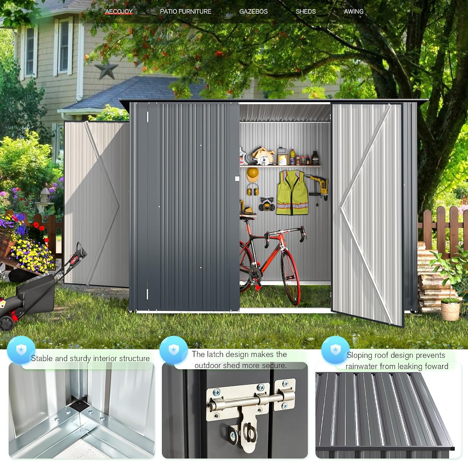 AECOJOY 4'x7' Outdoor Storage Lean to Shed,7x4 Outdoor Horizontal Metal Sheds & Outdoor Storage with Triple Lockable Door, Small Metal Storage Cabinet for Bicycles, Tools Storage for Garden Use