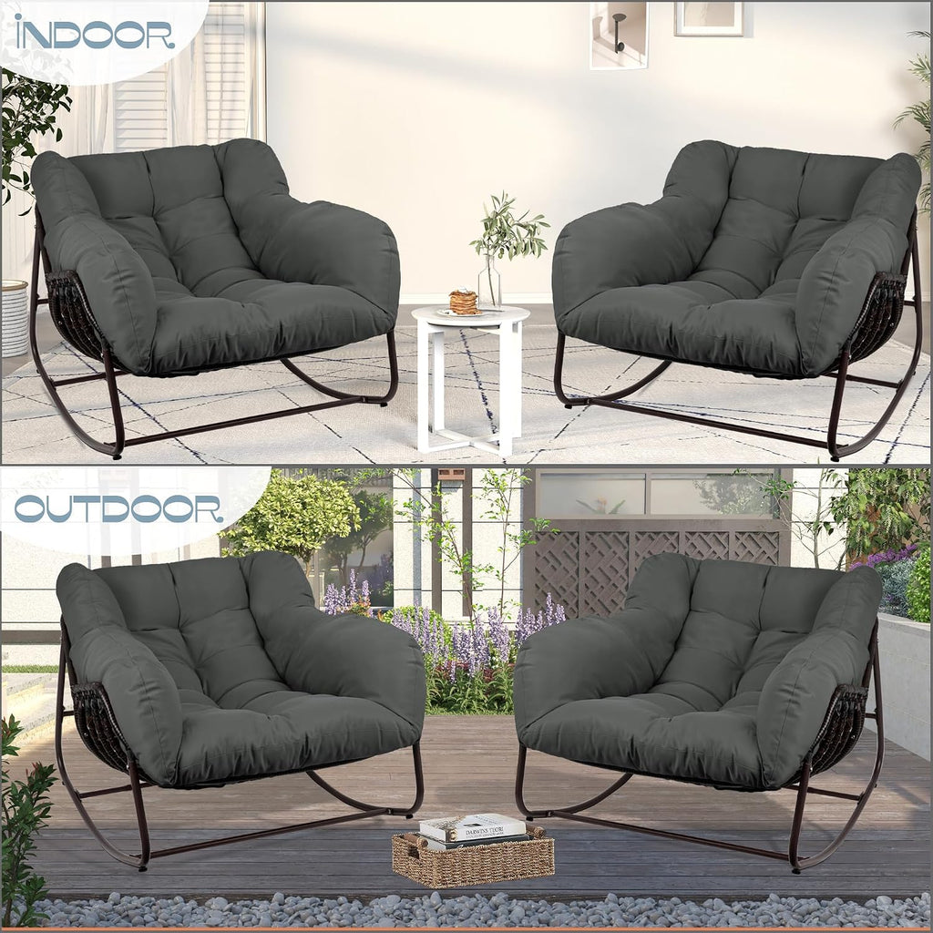 Outdoor Papasan Rocking Chair, Oversized Patio Rocking Chairs with Padded Cushion& Pillow-Comfortable Rocker Egg Chair for Front Porch, Garden, Patio, Backyard,1PC,Grey