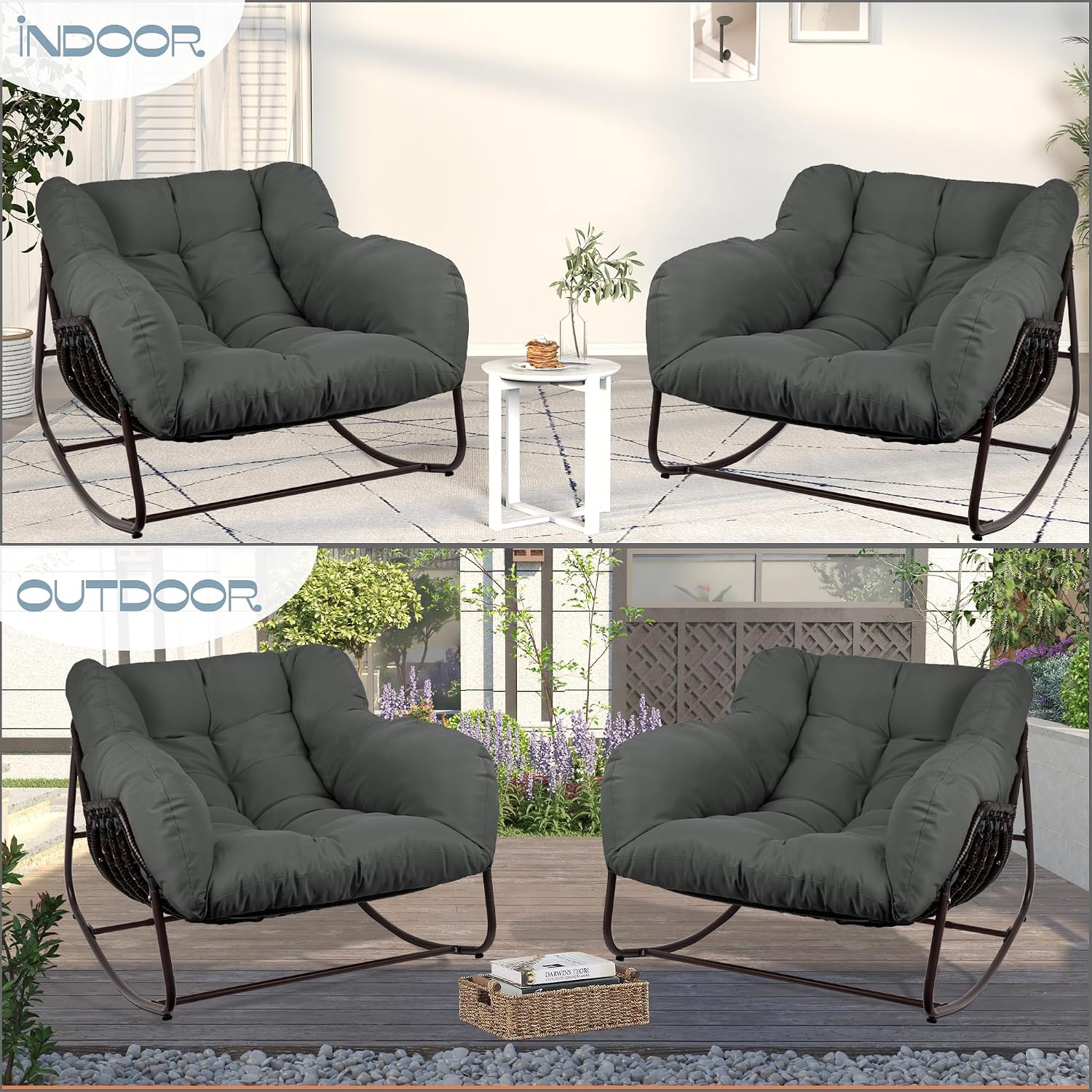 Outdoor Papasan Rocking Chair, Oversized Patio Rocking Chairs with Padded Cushion& Pillow-Comfortable Rocker Egg Chair for Front Porch, Garden, Patio, Backyard,1PC,Grey