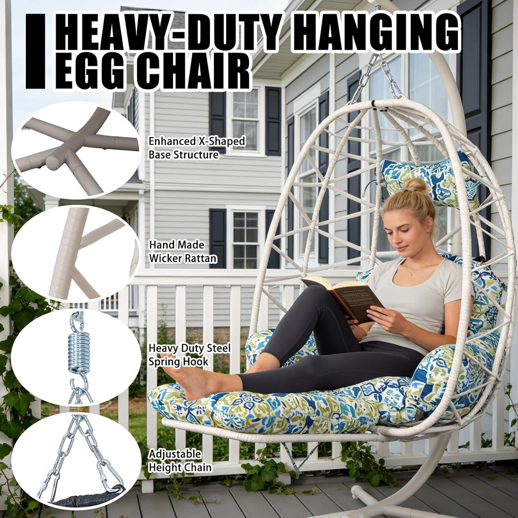 Hanging Egg Chair with Stand & Leg Rest,Rattan Wicker Swing Chair with Cushion,Patio Basket Hanging Chair Wicker Hammock Chair for Indoor Outdoor Bedroom Garden,300LBS (White Rattan&Floral Cushion)