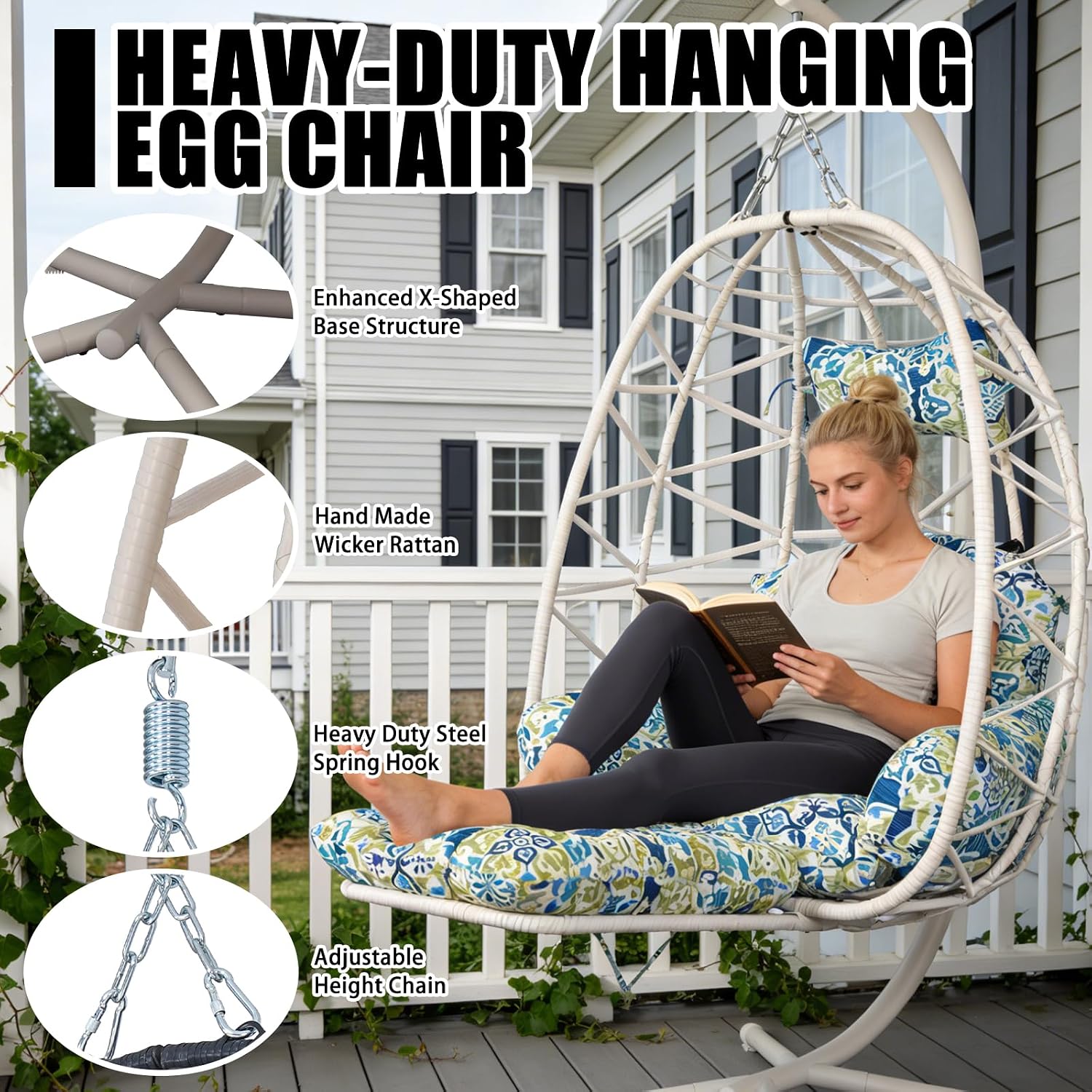 Hanging Egg Chair with Stand & Leg Rest,Rattan Wicker Swing Chair with Cushion,Patio Basket Hanging Chair Wicker Hammock Chair for Indoor Outdoor Bedroom Garden,300LBS (White Rattan&Floral Cushion)
