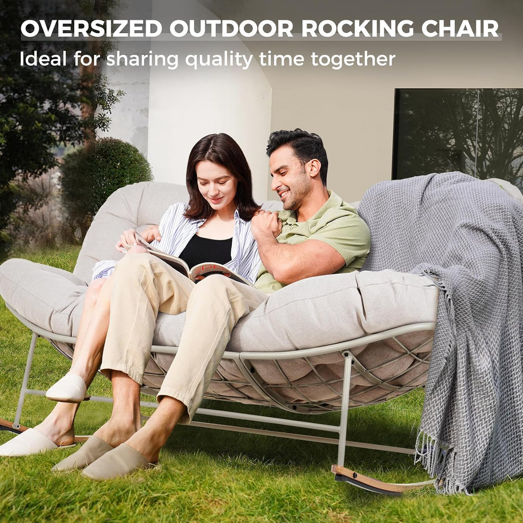 Grand patio Rocking Chair Outdoor, Oversized Rocking Chair for 2 with E-Coated Steel Frame and Thick Cushion, Comfy Papasan Loveseat Rocker for Patio Porch Deck