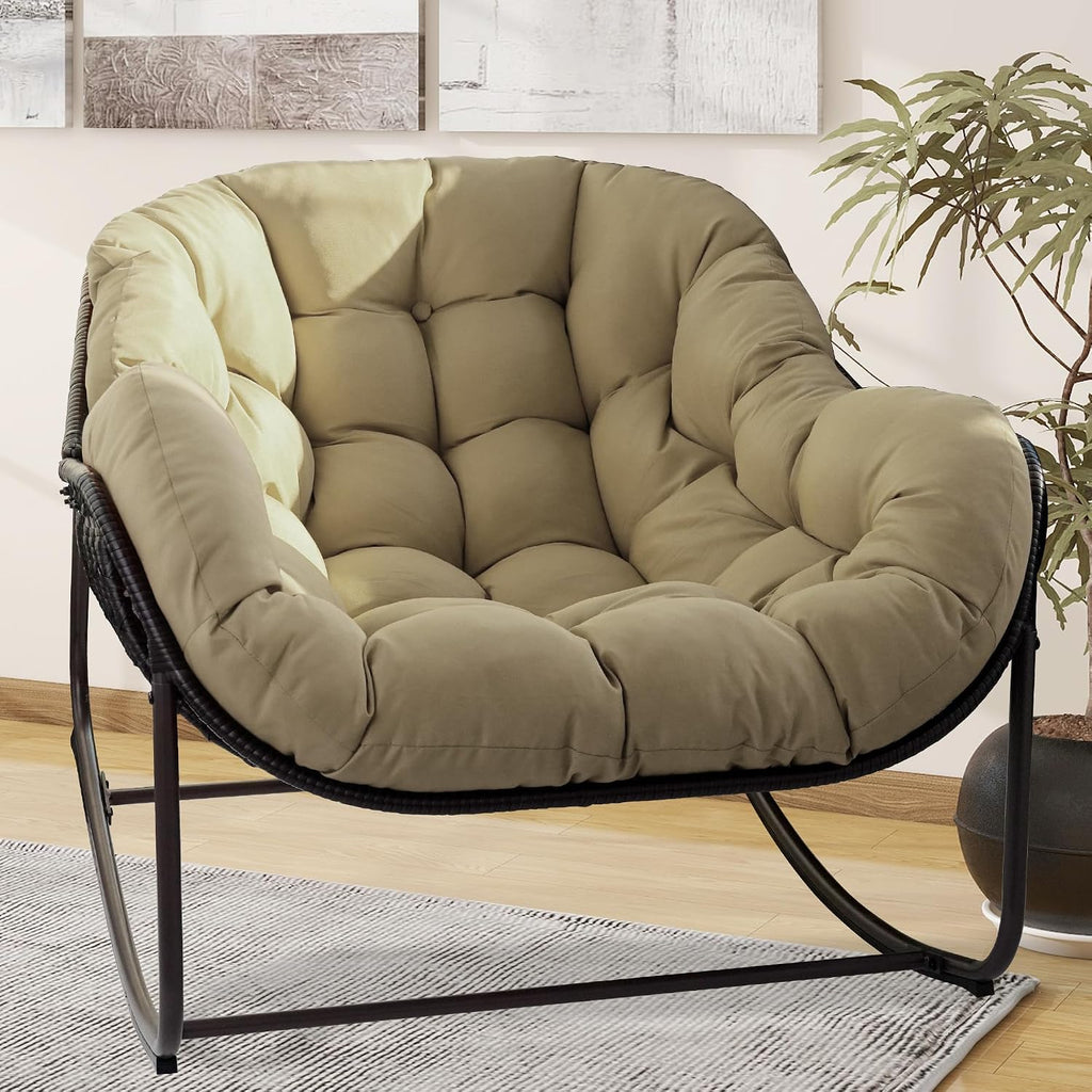 Papasan Rocking Chair, Oversized Papasan Chair with Cushion and Frame for Indoor& Outdoor, Deep Seat Egg-Shaped Rocker Chair for Garden, Deck, Living Room, Beige