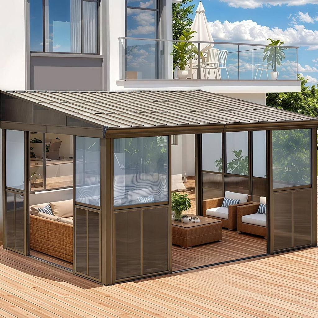 YOLENY 10x14FT Wall Mounted Sunroom, Gazebo Solarium with Front Door, Both Side Entrance, Galvanized Steel Sloping Roof, Removable PC Screen, Outdoor Permanent Sun Room Lean to Gazebo for Deck Patio