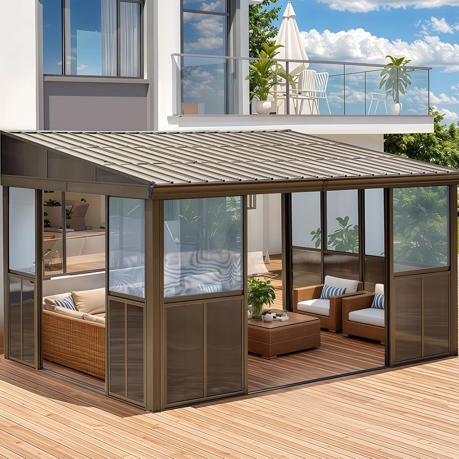YOLENY 10x14FT Wall Mounted Sunroom, Gazebo Solarium with Front Door, Both Side Entrance, Galvanized Steel Sloping Roof, Removable PC Screen, Outdoor Permanent Sun Room Lean to Gazebo for Deck Patio