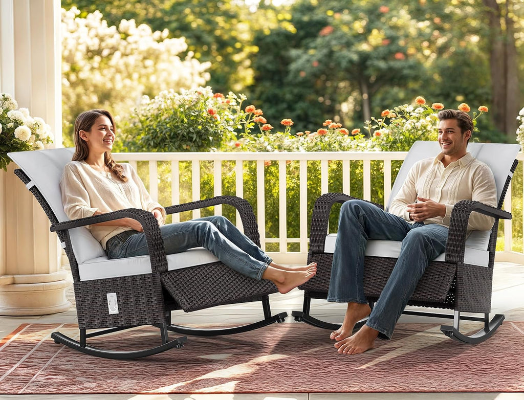 YITAHOME Outdoor Rocking Chair, Wicker Lounge Chair with Adjustment Backrest, PE Rattan Patio Recliner with Adjustable Footrest and Soft Cushions, Ideal for Garden Backyard Porch Patio