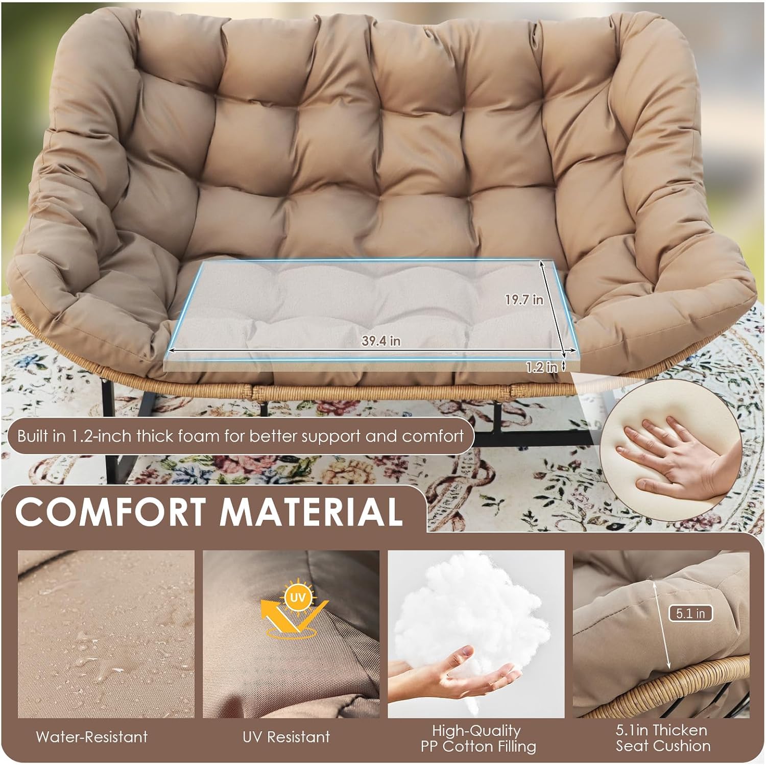 RADIATA Double Rocking Chair, Oversized Egg Rocking Chairs for 2 Person, Large Wide Papasan Loveseat with Cushion and Frame, Comfort Outdoor Furniture for Reading/Relaxing Patio Garden Backyard Brown