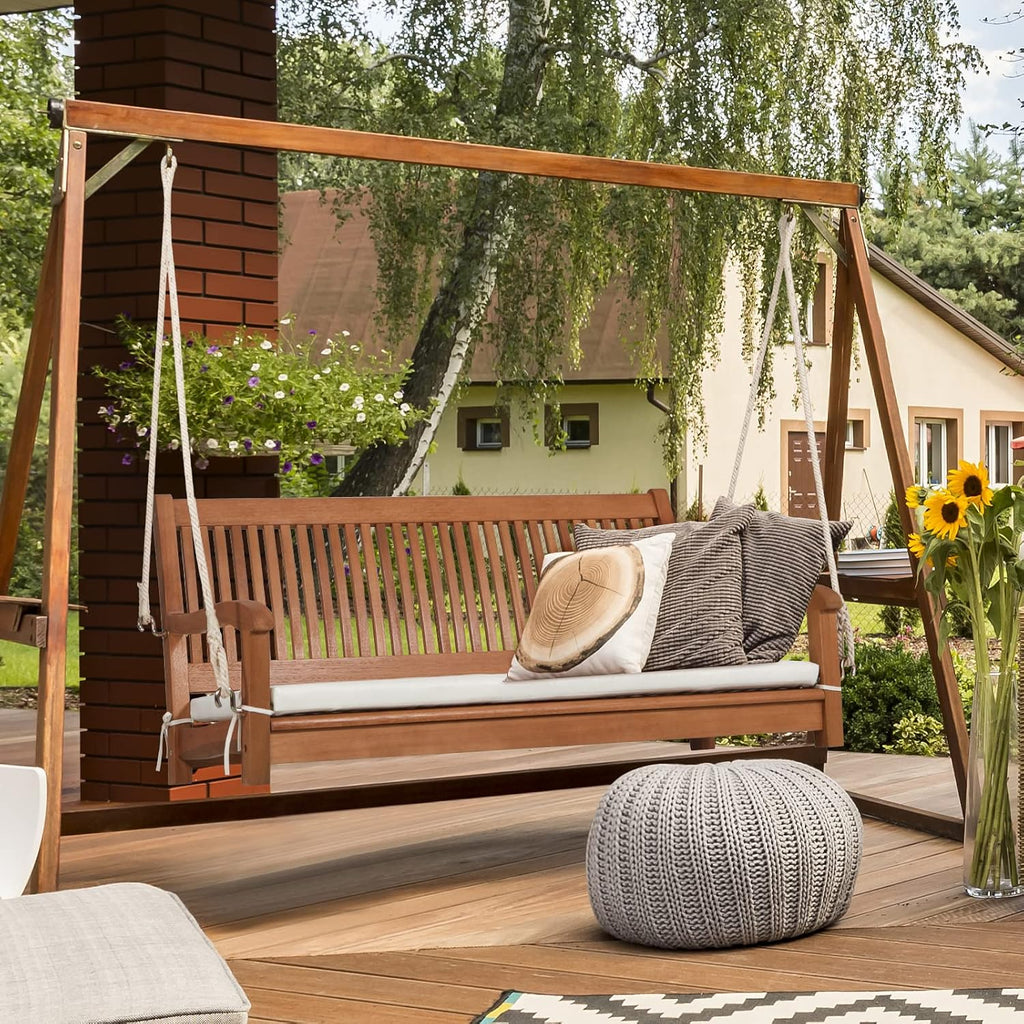 Tangkula 2 Person Hanging Porch Swing, Outdoor Bench Swing with Hanging Ropes, High Back, Cozy Armrests, Heavy Duty 800Lbs Wooden Hanging Swing Chair with Cushion for Backyard, Deck, Garden Natural