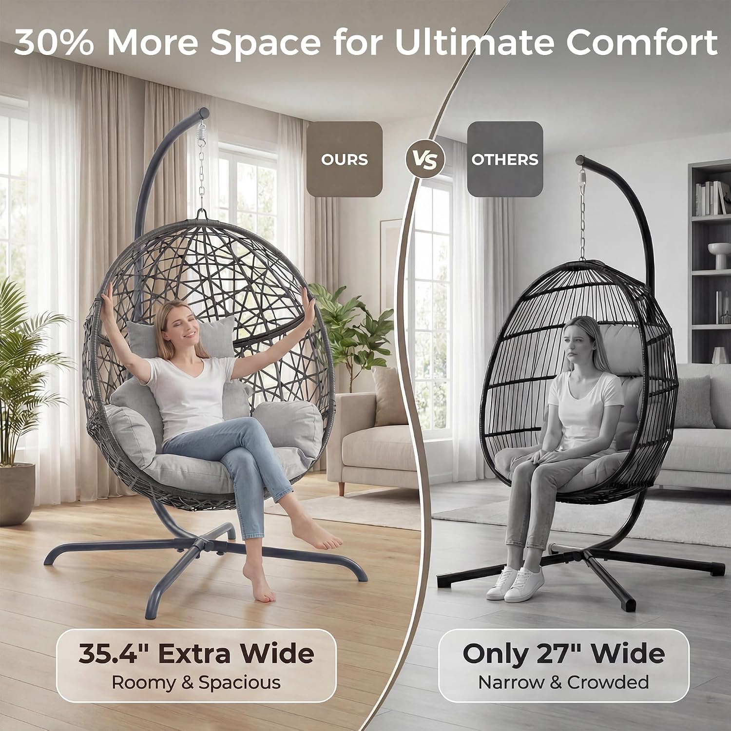 NICESOUL Egg Swing Chair Outdoor Indoor, Boho Style Bird Nest Wicker Swinging Chair with Stand, 350Lbs Comfy Hanging Hammock Chairs with Cushions, All-Weather Egg-Shape Seat for Deck, Garden, Gray