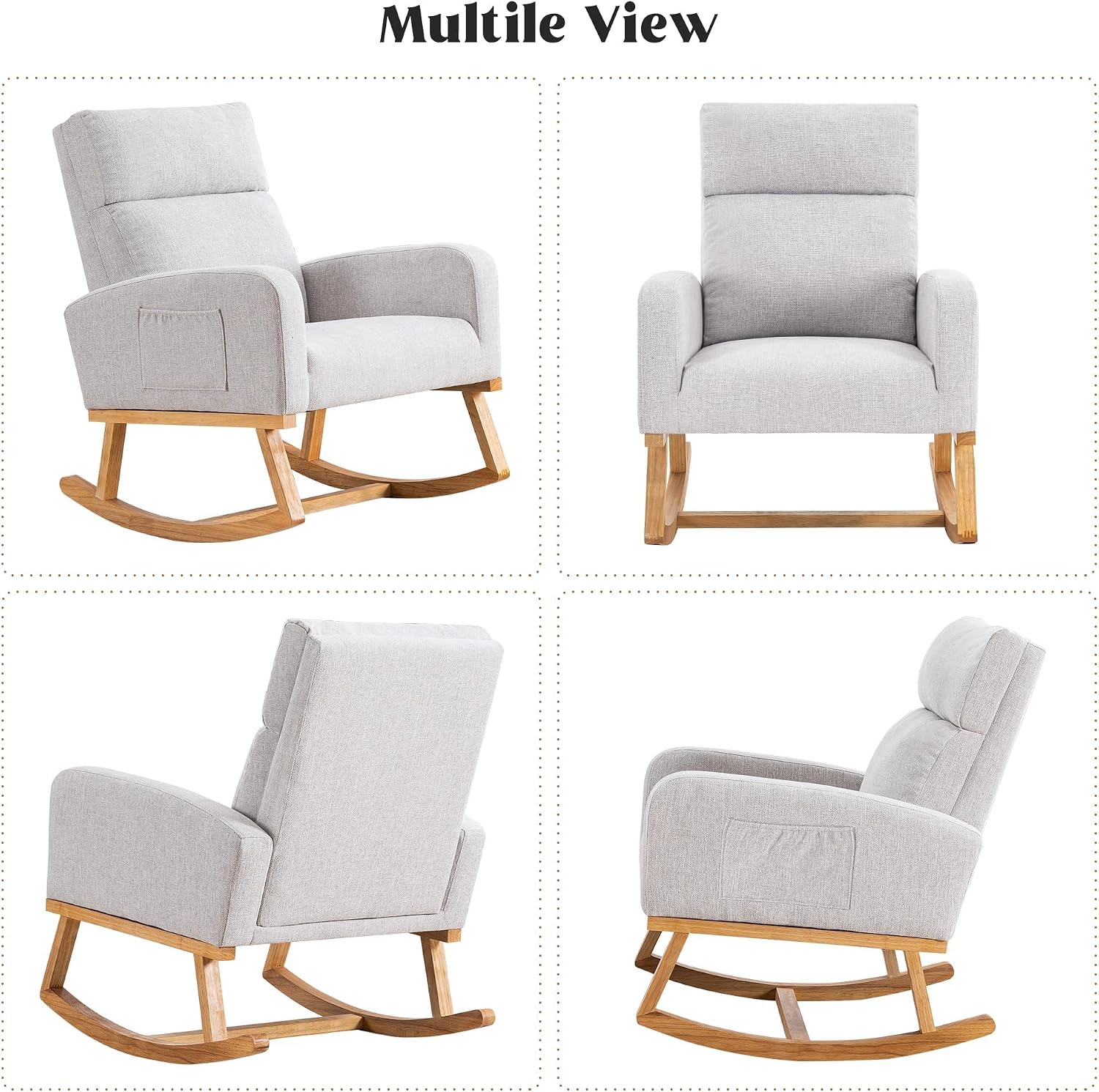 HCHAIRH Rocking Chair Nursery, Nursing Rocking Chairs, Upholstered Nursery Glider Rocker for Mom Nursery Morden Rocking Chair with Side Pocket for Living Room,Bedroom，Light Gray