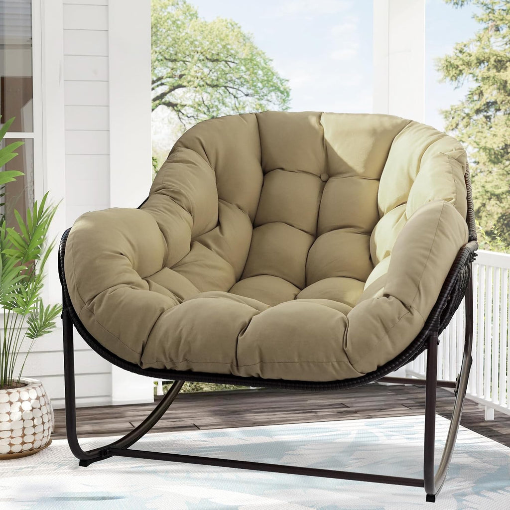 Papasan Rocking Chair, Oversized Papasan Chair with Cushion and Frame for Indoor& Outdoor, Deep Seat Egg-Shaped Rocker Chair for Garden, Deck, Living Room, Beige