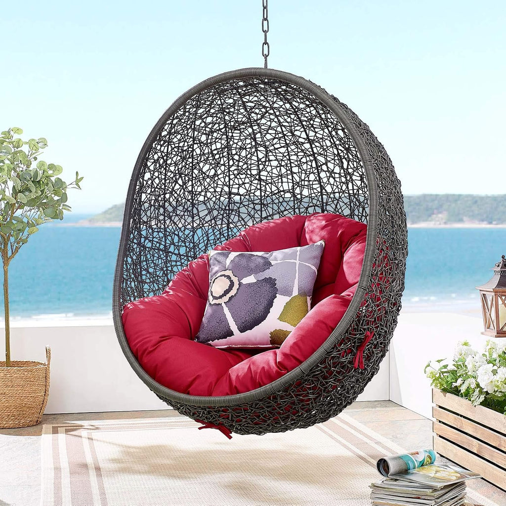 Modway Hide Wicker Rattan Outdoor Patio Porch Lounge Egg Swing Chair Set with Stand in Gray Red