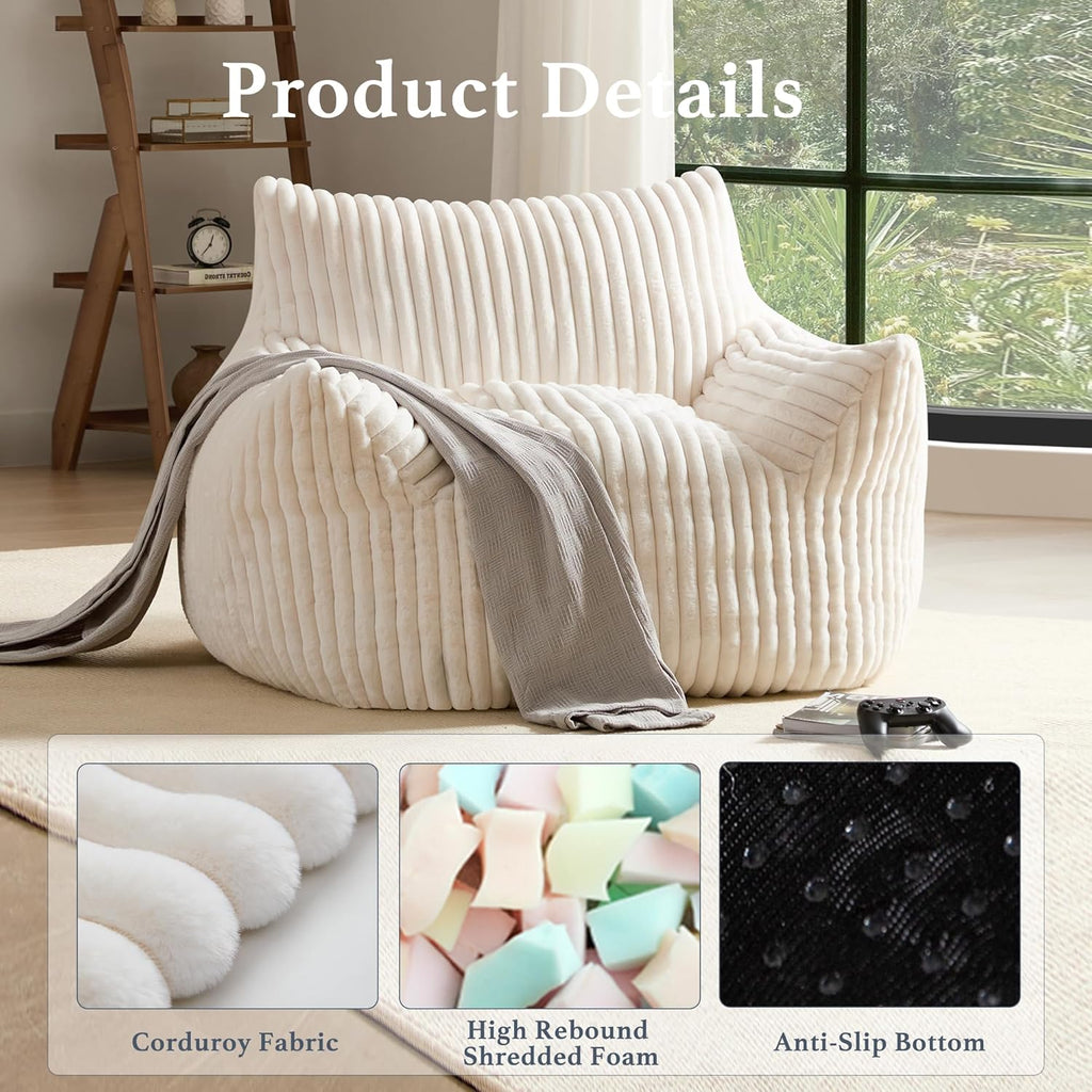 Giant Plush Bean Bag Chair for Adults with Armrests - Oversized Comfy Beige Beanbag Lounge Lazy Floor Sofa Accent Chair for Living Room, Bedroom & Dorm, Cozy Fluffy Single Cloud Mini Couch