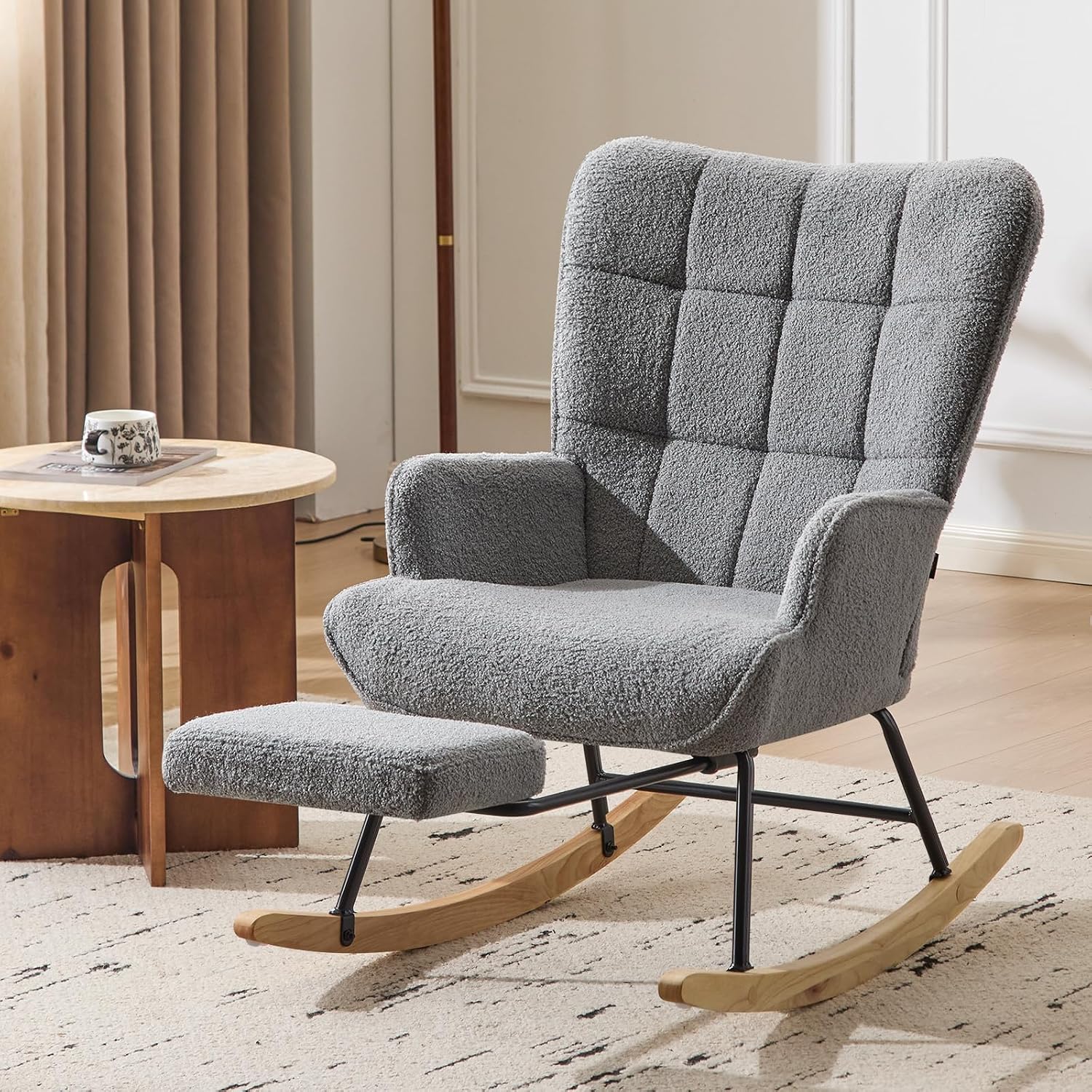 Furniliving Nursery Rocking Chair Upholstered Glider Rocking Chair Modern Accent Chair with Retractable Footrest Reading Chair with High Backrest Comfy Chair for Living Room, Grey, Teddy