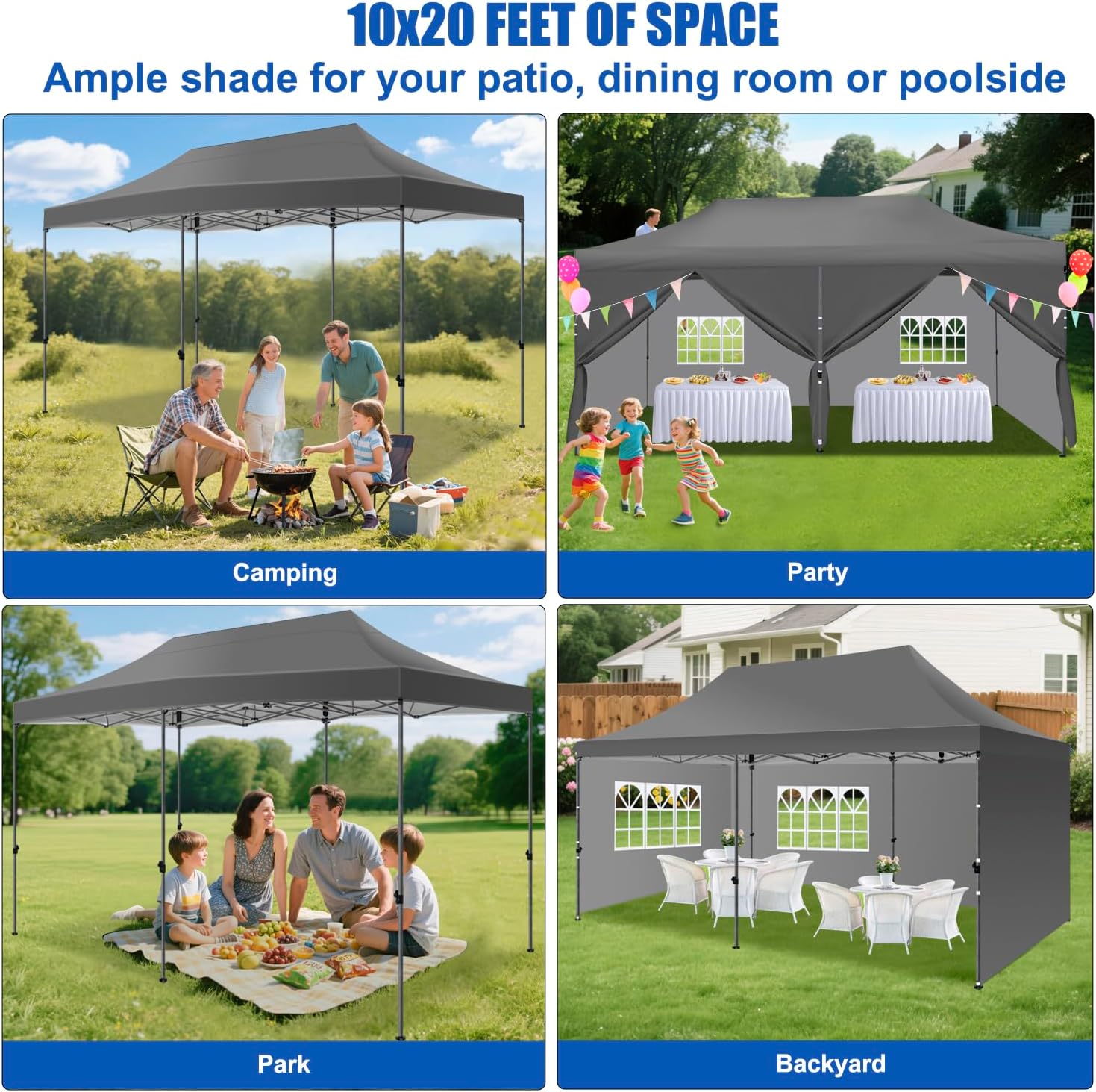 Yesker 10x20 Pop Up Canopy Tent with Sidewalls Instant Outdoor Canopy, Waterproof & UV Protection, Easy Setup Adjustable Height Heavy Duty Shelter Gazebo Tent for Patio Backyard Party Events, Gray