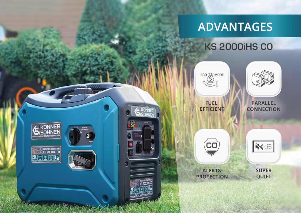 Konner&Sohnen Inverter Generator - 2000 W, Dual Fuel, Lightweight and Portable, Super Quiet with CO Sensor and Fuel-Efficient Technology, LPG/Gas Powered (German brand, model: KS 2000iHS CO)