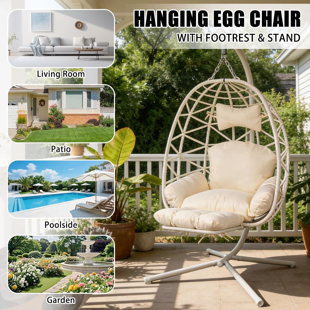 Hanging Egg Chair with Stand & Leg Rest,Rattan Wicker Swing Chair with Cushion,Patio Basket Hanging Chair Wicker Hammock Chair for Indoor Outdoor Bedroom Garden,300LBS (White Rattan&White Cushion)