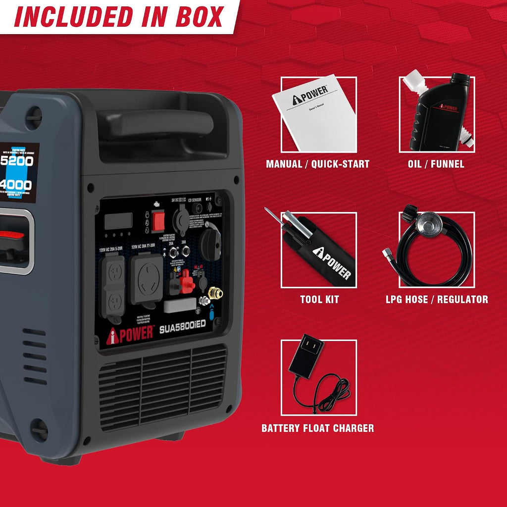 A-iPower 5800-Watt Dual Fuel Quiet Portable Inverter Generator, Electric Start RV Ready, EPA & CARB Compliant CO Sensor, With Telescopic Handle For Backup Home Use, Tailgating & Camping (SUA5800iED)