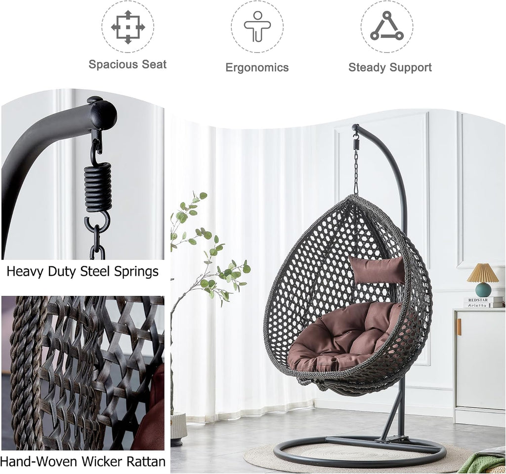 Black Egg Swing Chair with Stand,Hanging Egg Chair Indoor Outdoor with Cushion and Pillow,Modern Wicker Swing Chair,300lbs Capacity for Porch,Patio,Garden, Bedroom, Balcony,Yard