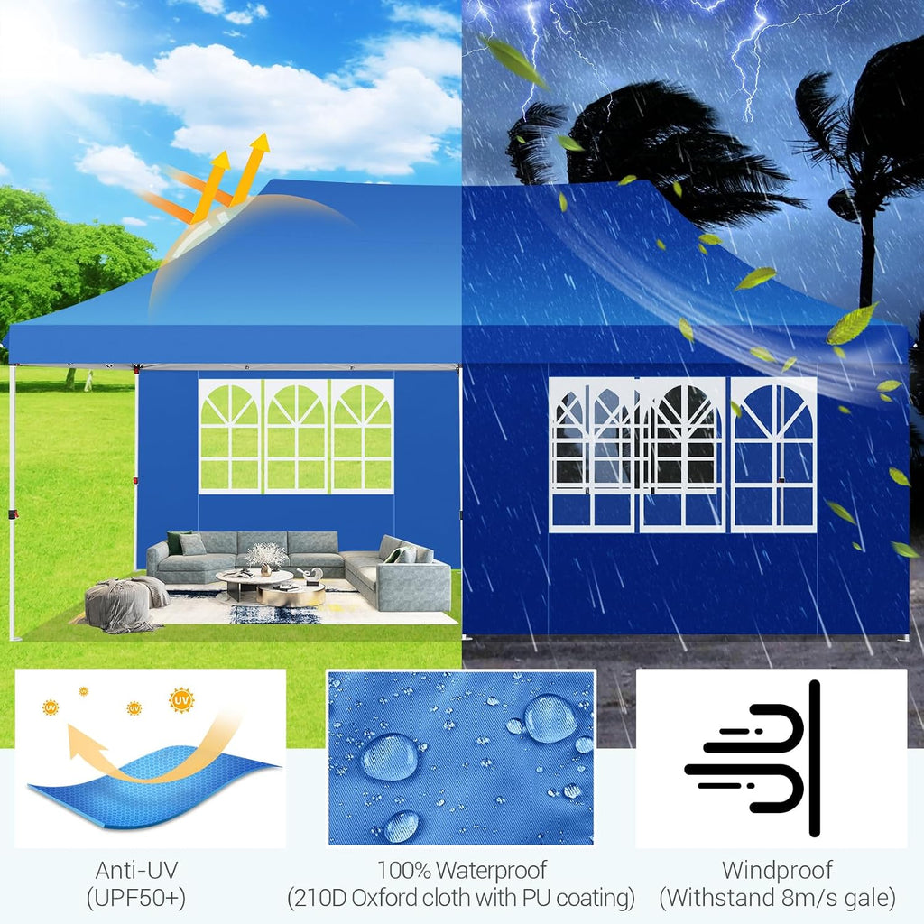 COBIZI Canopy 10x20 Pop Up Canopy Tent with 6 Sidewalls, Waterproof Commercial Canopy Ez Outdoor Instant Gazebo Easy to Set up Event Shelter, Garden Tents for Parties with Sandbags, Blue