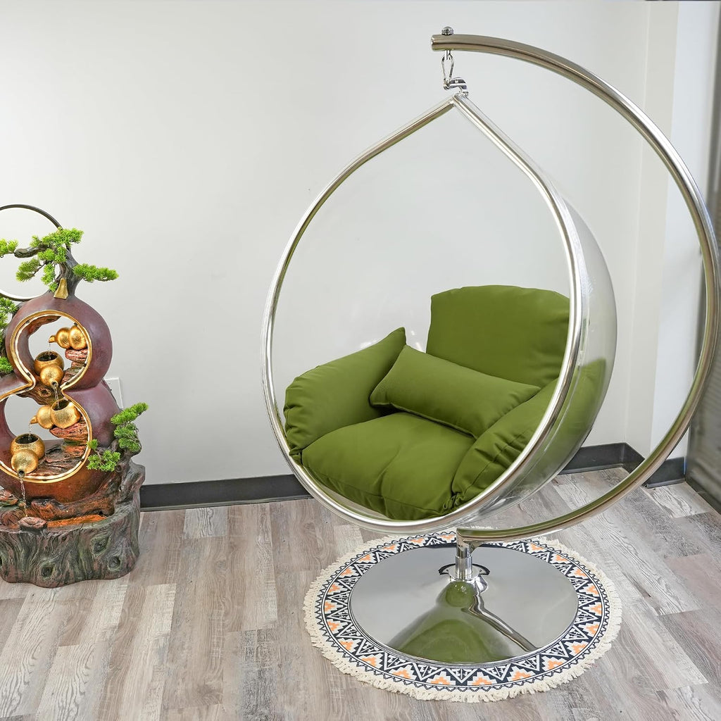 Hanging Chair - Transparent Acrylic Bubble, Waterdrop Shape, Indoor Swing Chair with Gold/Chrome Stand, Durable Fabric Cushion - Luxury Accent for Living Room, Bedroom (Chrome/Green)