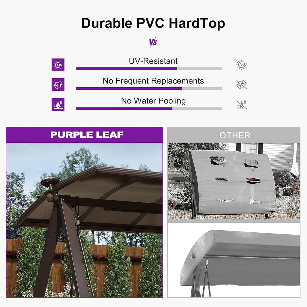 PURPLE LEAF 3-Seat Porch Swing with Adjustable PVC Canopy Metal Patio Bench Glider Swing Bed Outdoor Swing Chair with Stand and Side Cup Holder for Outside Garden Porch, Cushion and Pillows Included