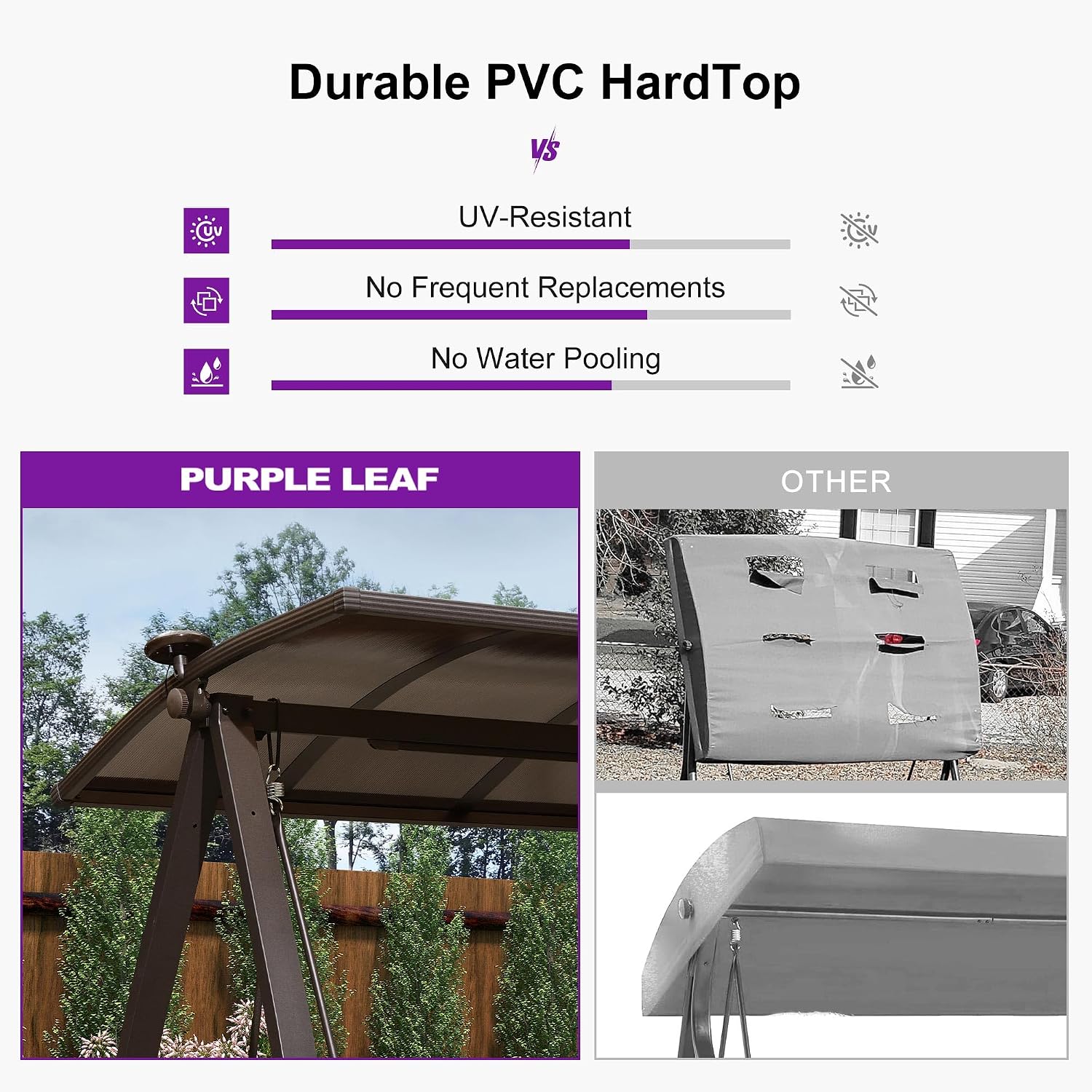 PURPLE LEAF 3-Seat Porch Swing with Adjustable PVC Canopy Metal Patio Bench Glider Swing Bed Outdoor Swing Chair with Stand and Side Cup Holder for Outside Garden Porch, Cushion and Pillows Included