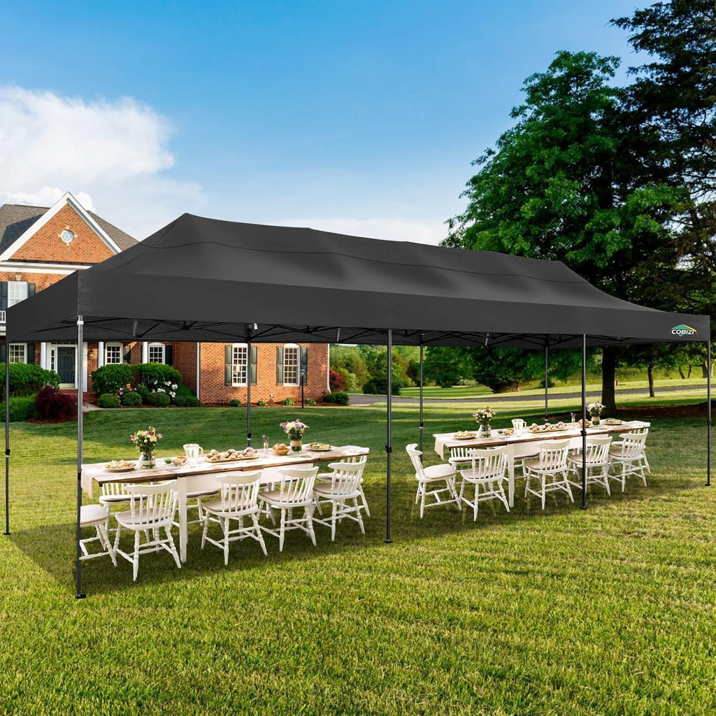 COBIZI 10x30 Pop up Canopy, Heavy Duty Outdoor Party Tents for Parties, Ez up UPF 50+ Waterproof Commercial Canopy with Wheeled Bag, Black(Windproof Upgraded)