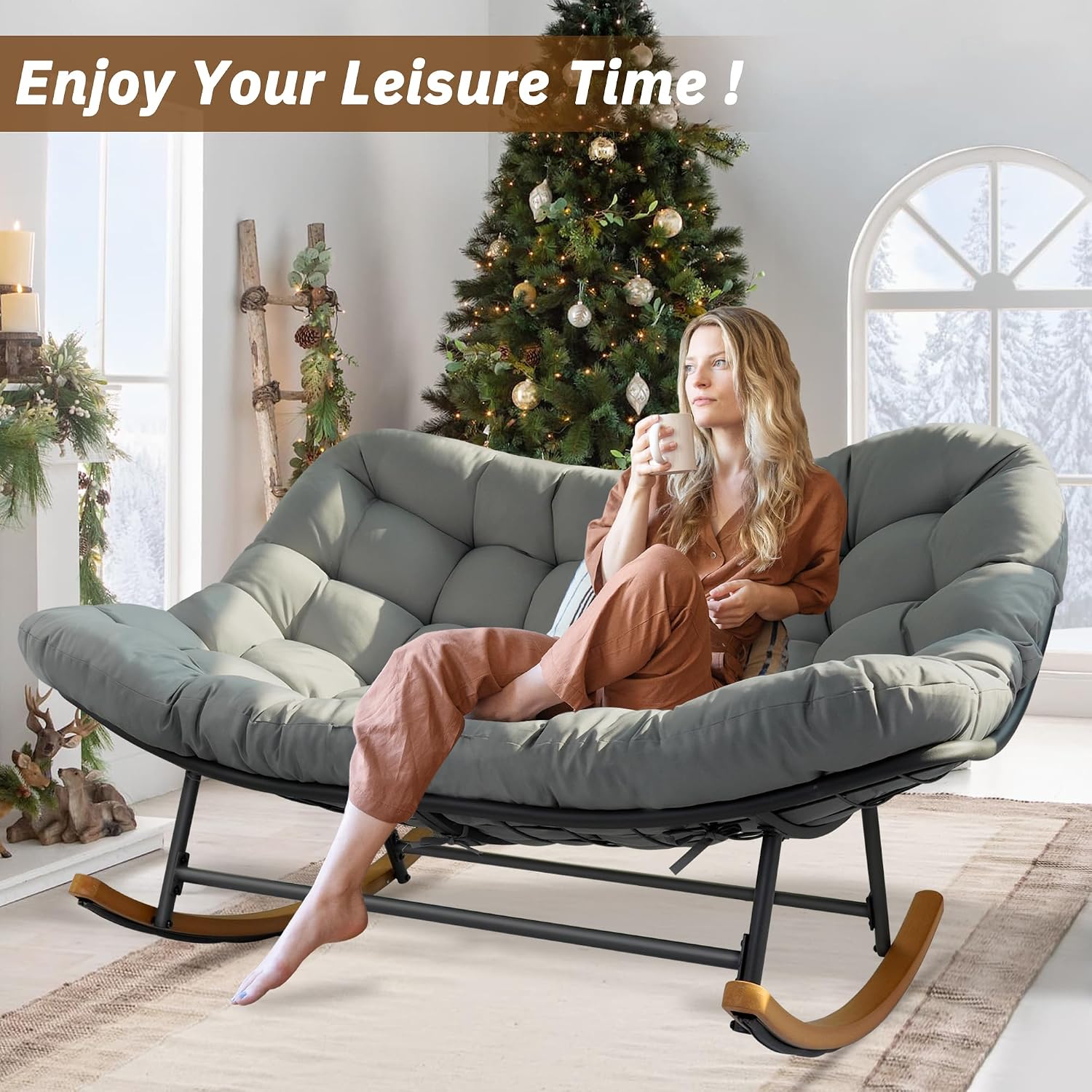 Rocking Papasan Chair,Patio Rocking Chairs for 2-Person Indoor & Outdoor,Oversized Rocking Chair with Thicken Cushion and Steel Frame,Rocker Lounge Chair for Yard,Living Room,Grey
