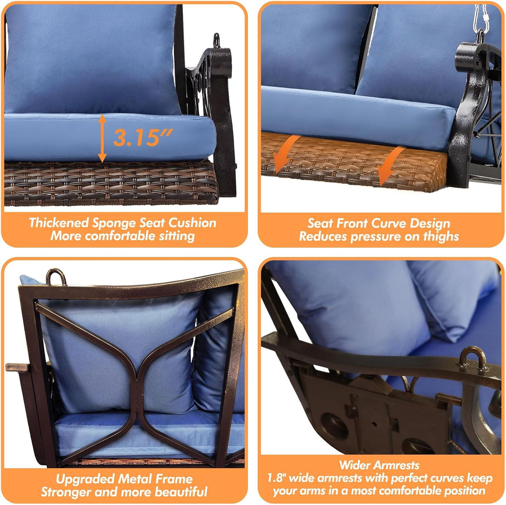 ZZW Heavy Duty 900 LBS Porch Swing Chair 3-Person Outdoor Rattan Patio Swing Lounge w/Cup-Holder & Steel Chains Wicker Hanging Bench Porch Swing Cushions for Deck & Backyard & Garden