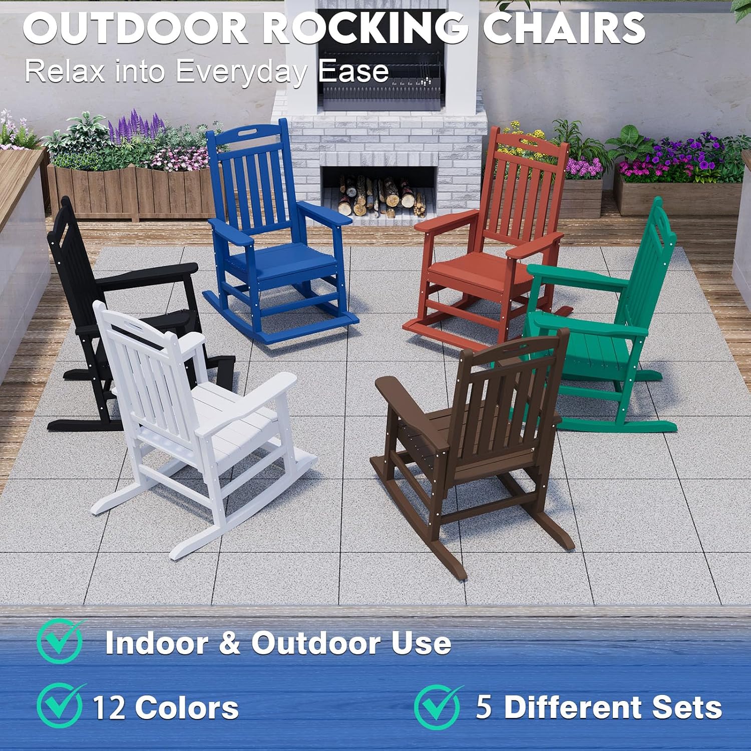 PLUUV Outdoor Rocking Chair, HDPE Patio Rocking Chairs with Footboard, All Weather Porch Rockers Outdoor for Adult, Effortless Installation, Black