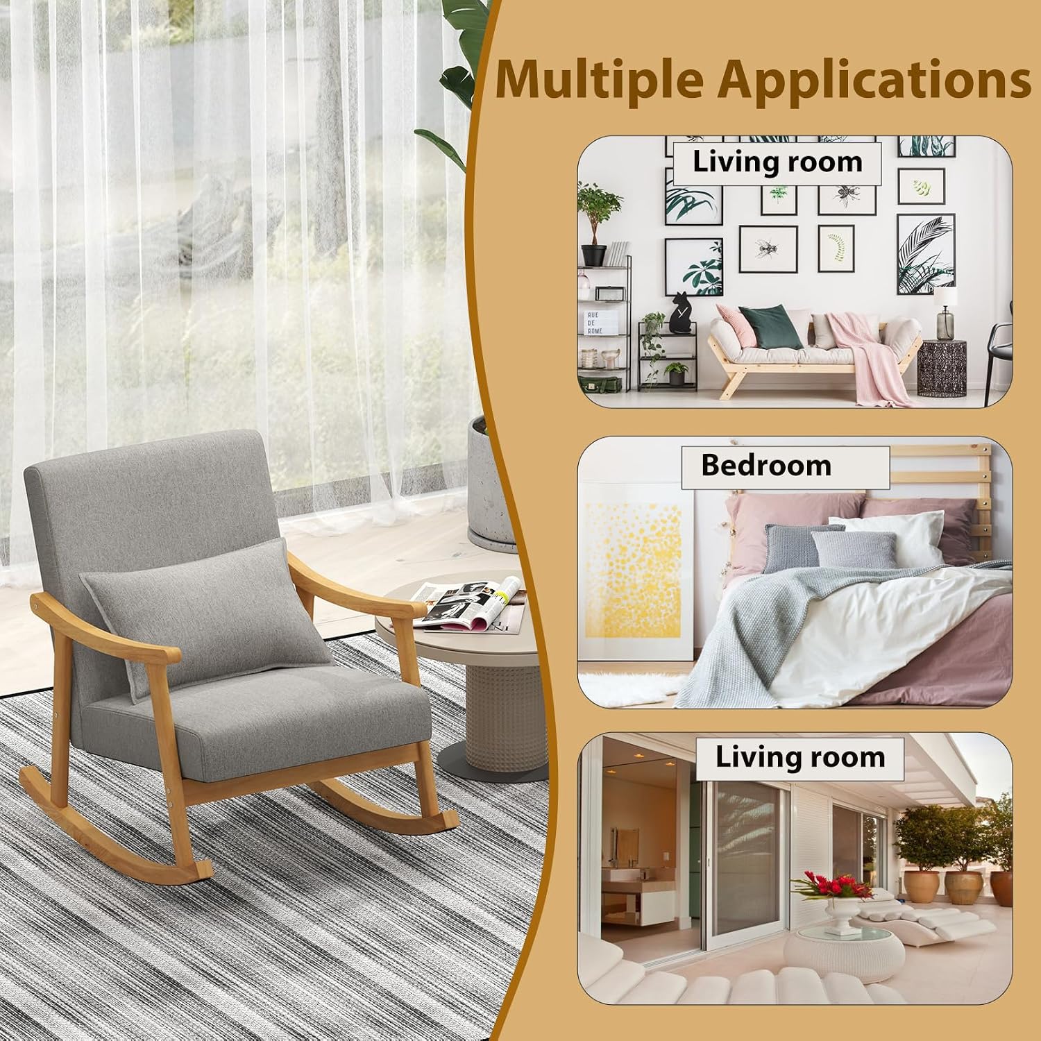 POWERSTONE Nursery Rocking Chair Upholstered Glider Rocker with PP Pillow & Rubber Wood Frame Modern Single Rocking Armchair for Bedroom, Living Room, Balcony, Offices, Nursery Grey