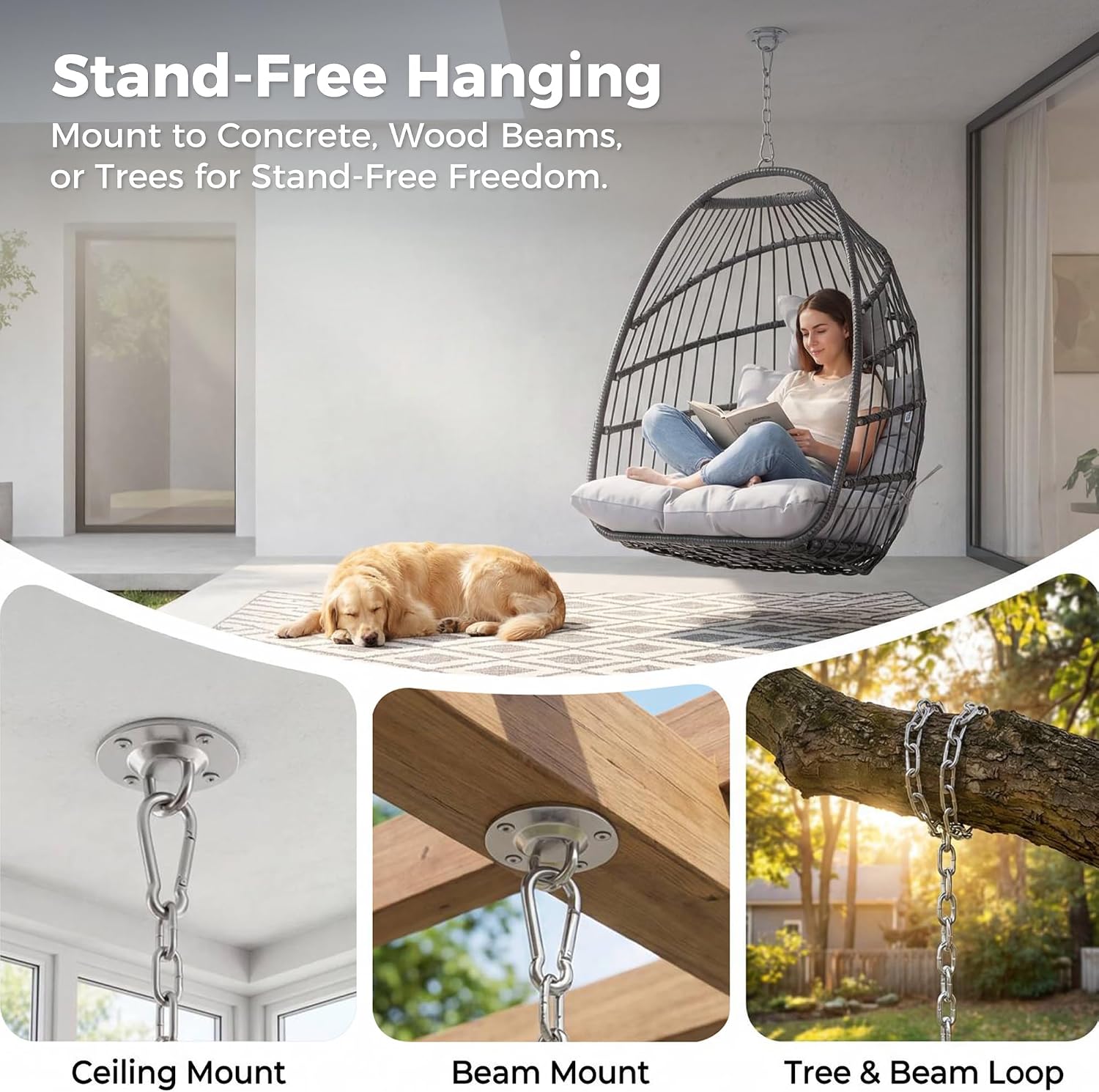 Nicesoul Hanging Egg Chair Outdoor Without Stand, Indoor Swing Egg Basket Ceiling Tree Chairs with Cushion, 350lbs Egg-Shaped Hammock Chair No Stand for Patio, Backyard, Balcony, Bedroom,Porch, Gray