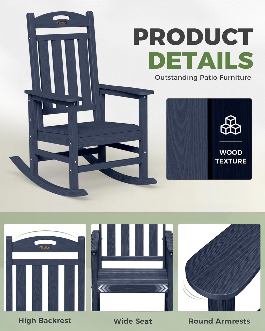 Oversized Outdoor Rocking Chair, High Back Porch Rocker Chair, HDPE All Weather Resistant Rocking Chairs for Patio, 380lbs Weight Capacity, Dark NavyBlue
