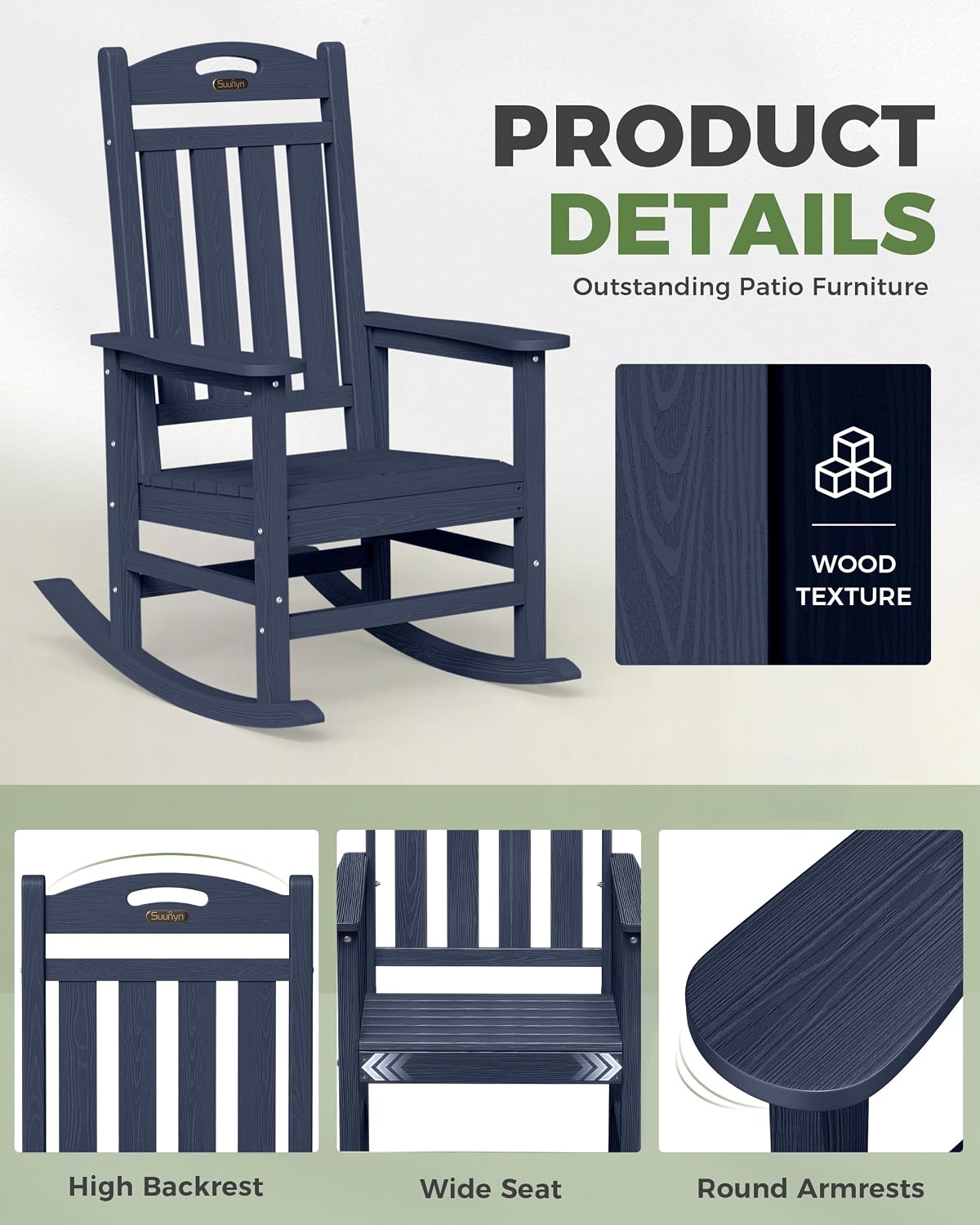 Oversized Outdoor Rocking Chair, High Back Porch Rocker Chair, HDPE All Weather Resistant Rocking Chairs for Patio, 380lbs Weight Capacity, Dark NavyBlue