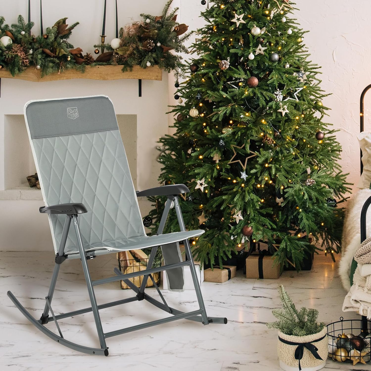 Timber Ridge 3-Level Adjustable Rocking Camping Chair, Ergonomic Padded High Back, Supports 300 LBS, Stable Anti-Tip Rocker, Hard Armrests for Easy Standing, Portable for Patio, Lawn & Tailgating