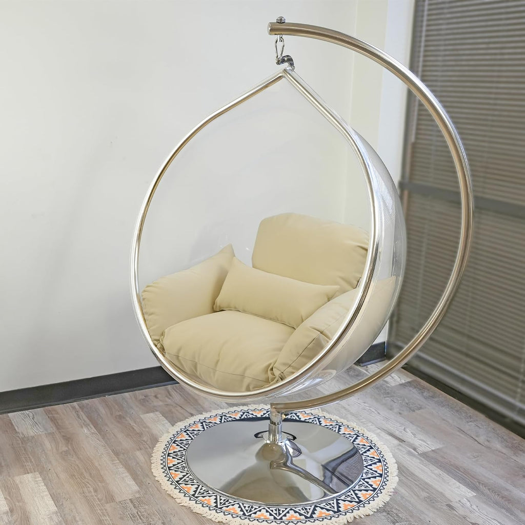 Hanging Chair - Transparent Acrylic Bubble, Waterdrop Shape, Indoor Swing Chair with Gold/Chrome Stand, Durable Fabric Cushion - Luxury Accent for Living Room, Bedroom (Chrome/Beige)