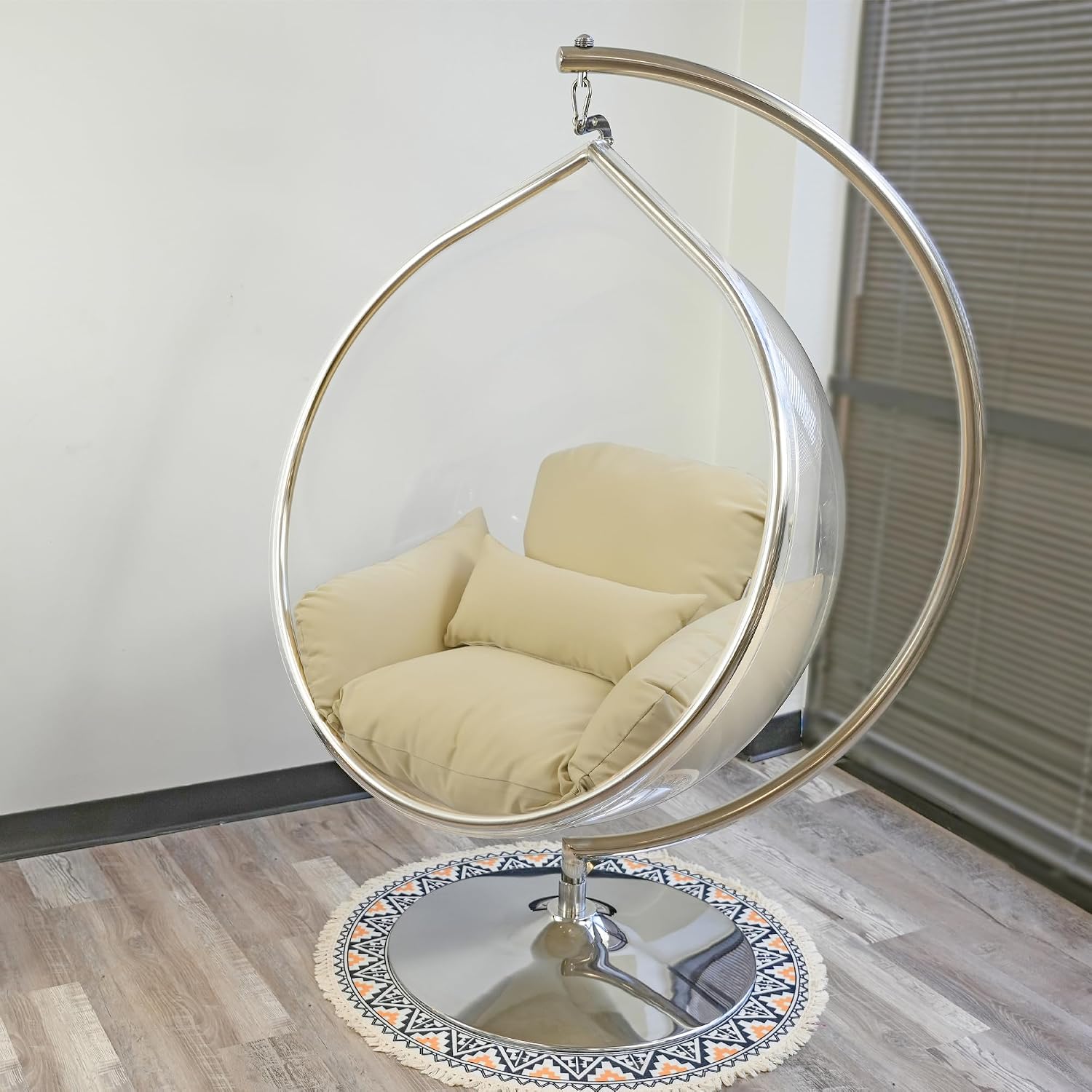 Hanging Chair - Transparent Acrylic Bubble, Waterdrop Shape, Indoor Swing Chair with Gold/Chrome Stand, Durable Fabric Cushion - Luxury Accent for Living Room, Bedroom (Chrome/Beige)