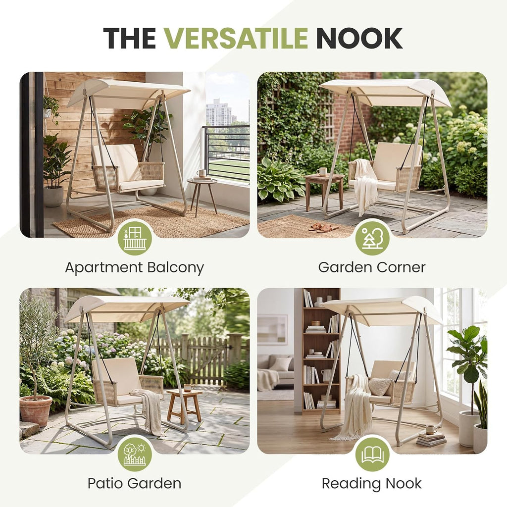 Porch Swing with Stand, Outdoor Swing with Canopy, All Weather Outdoor Swings for Adults, 400lbs Heavy Duty Porch Swings with Removable Cushions, Single Hanging Chair for Small Space, Beige