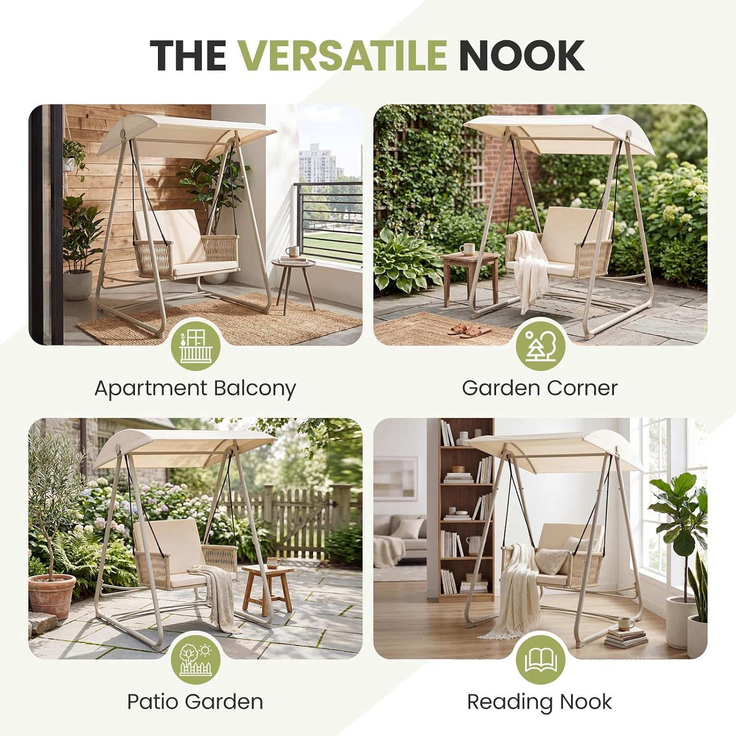 Porch Swing with Stand, Outdoor Swing with Canopy, All Weather Outdoor Swings for Adults, 400lbs Heavy Duty Porch Swings with Removable Cushions, Single Hanging Chair for Small Space, Beige