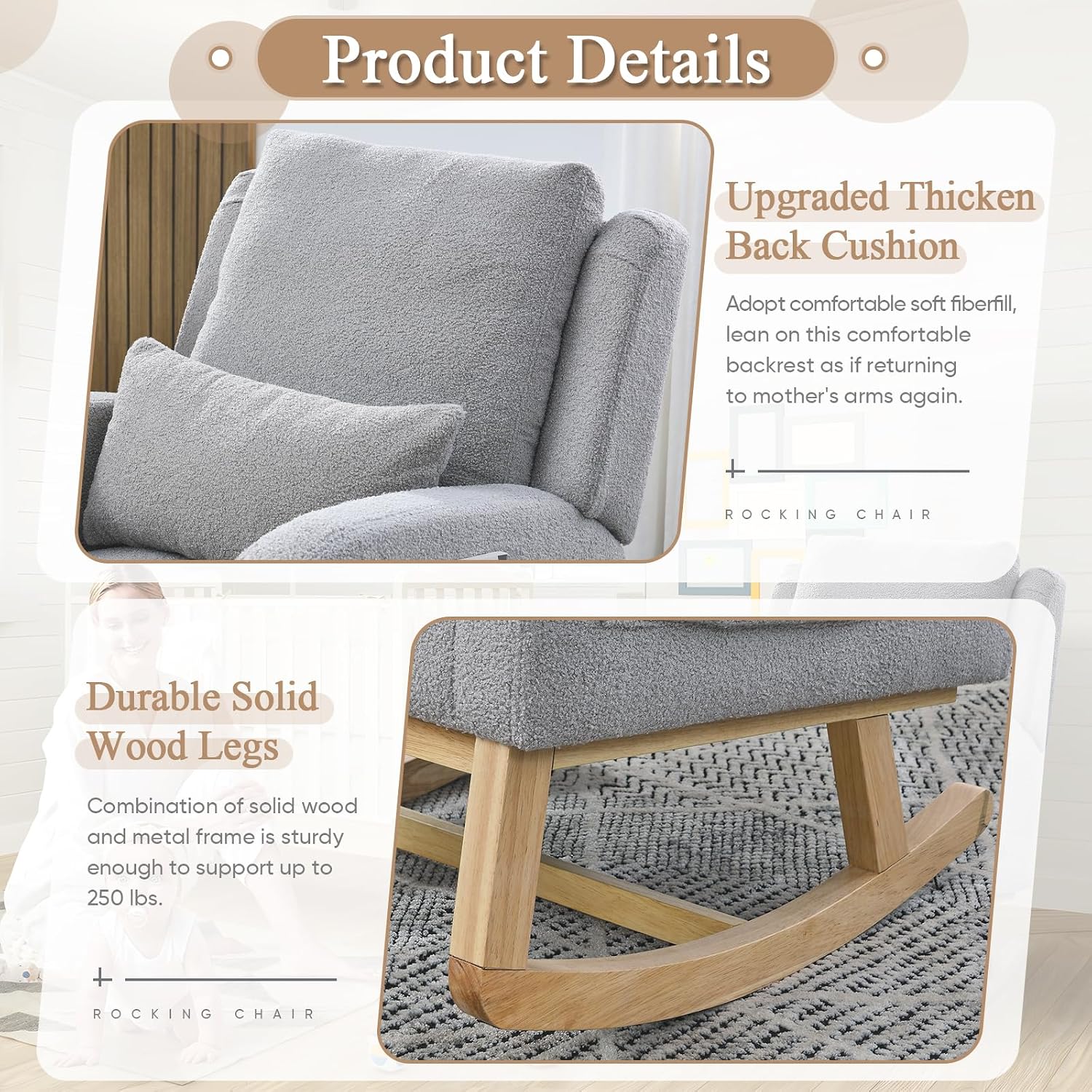 Rocking Glider Chair for Nursery, Wingback Accent Rocker Chair Upholstered Tall Back Arm Chair w/Side Pockets, Modern Leisure Single Sofa for Living Room, Hotel, Bedroom, Baby Room, Grey