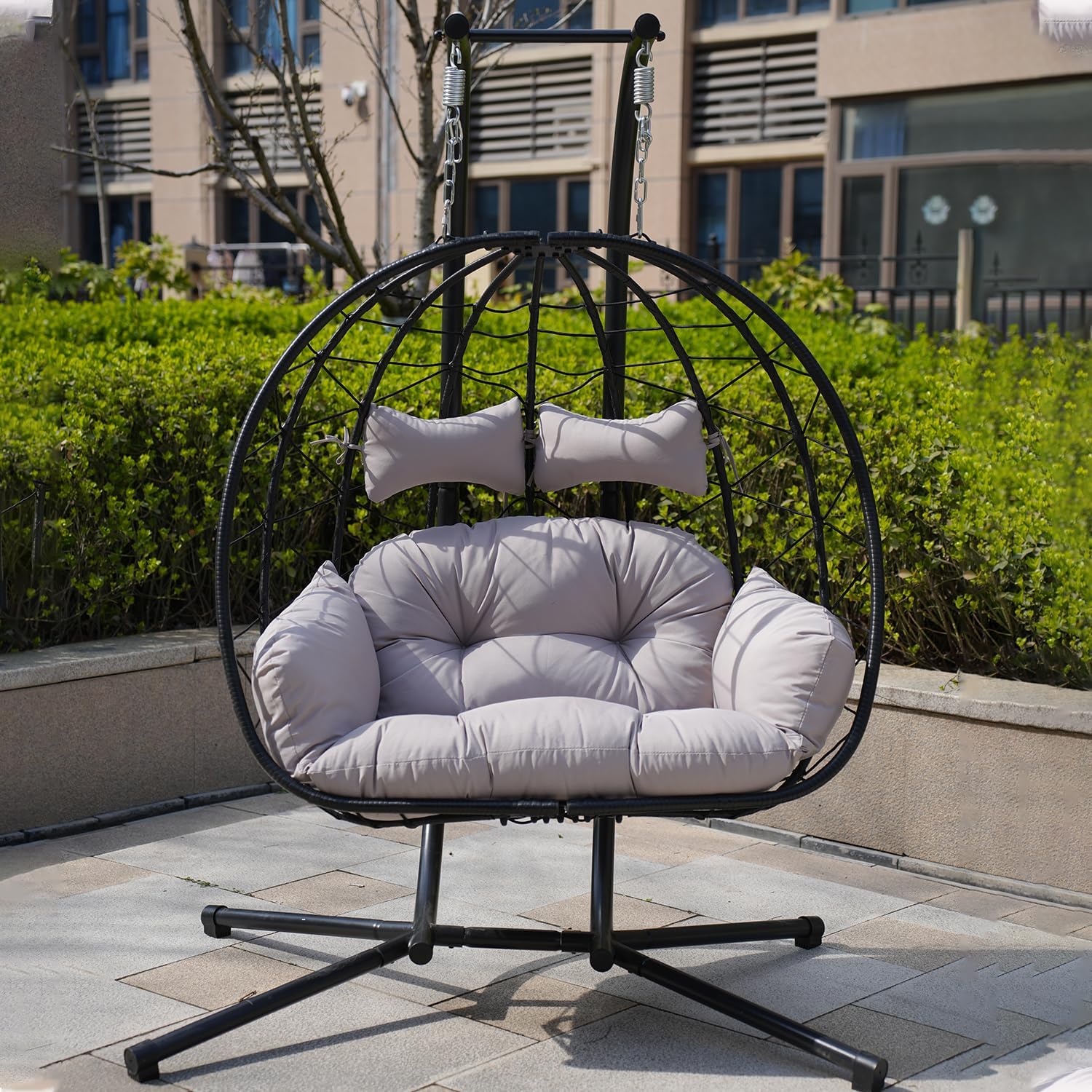Double Egg Chair with Stand Patio Love Seats Chair w/Cushion Outdoor Waterproof Hanging Swing Wicker Rattan Basket (Gray)