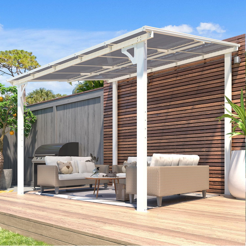 AECOJOY 10' x 8' Pergolas and Gazebos on Clearance in White, Large Wall Mounted Pergola, Outdoor Patio Lean to Gazebo Metal Awnings for Decks,Patio, Porch, Backyard and More