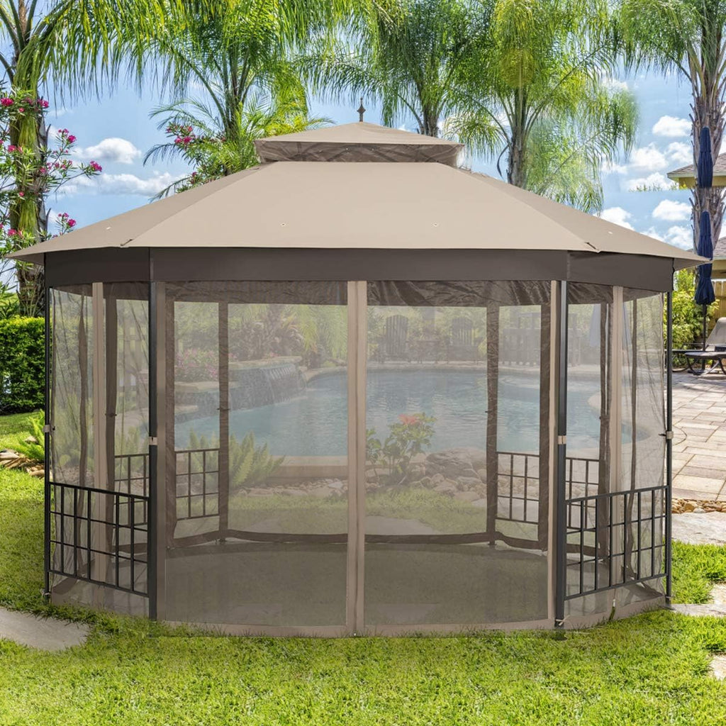 Tangkula 10 x 12 Ft Patio Gazebo, Heavy Duty Octagonal Canopy with Netting Sidewalls & Sturdy Steel Frame, Double Roof Vented Shelter for Backyard Event Party BBQ (Brown)