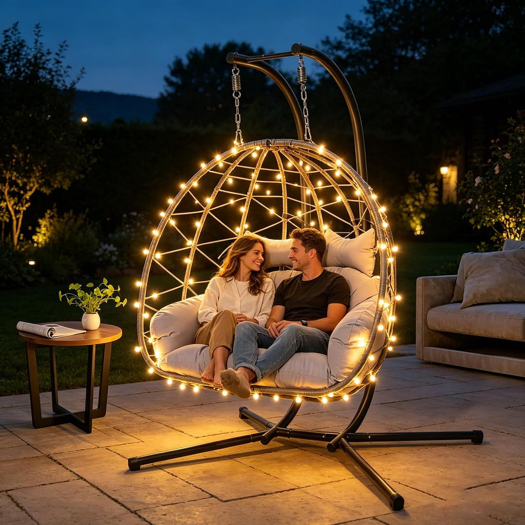 Double Egg Chair Outdoor, 2 Person Hanging Egg Chair with Stand, Patio Wicker Egg Swing Chair for Garden, Backyard, Balcony, 600Lbs Heavy Duty (Gray with Light)