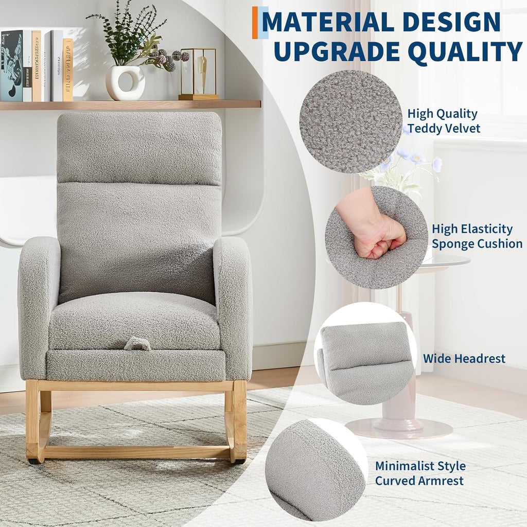 Rocking Chair Nursery Chairs with Foot Rest, Recliner Armchair with High Backrest& Wood Legs and Side Pocket for Living Room,Bedroom,Light Gray